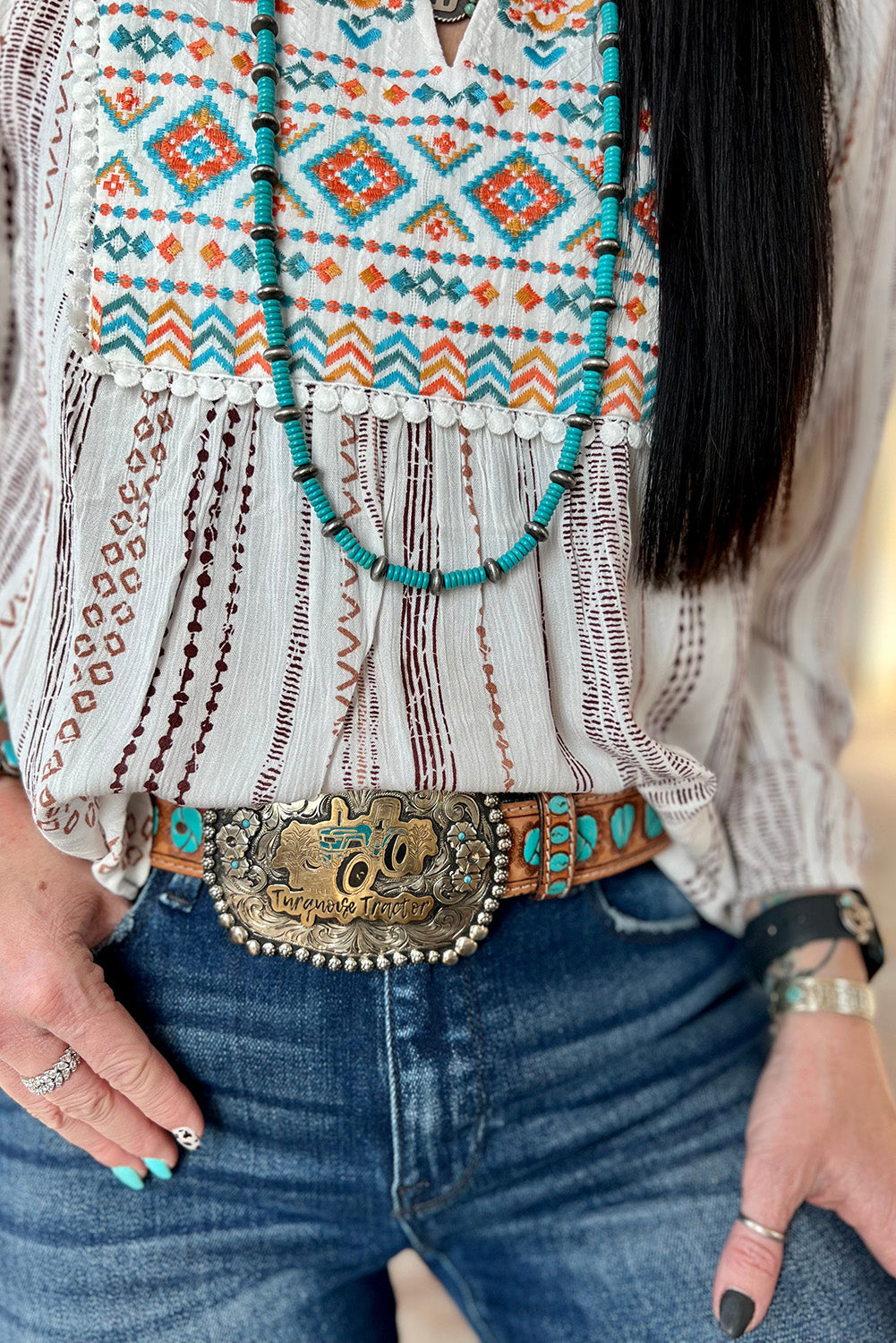 White Notched V Neck Striped Geometric Embroidered Blouse