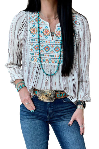 CLEARANCE Notched V Neck Striped Geometric western aztec Embroidered Blouse