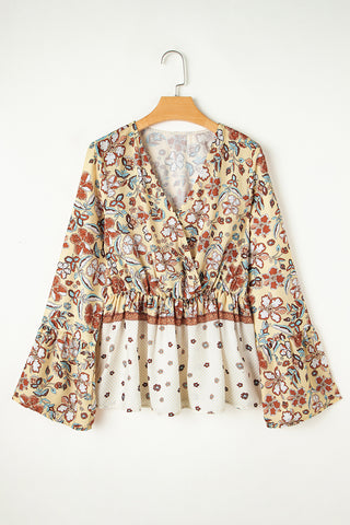 Yellow Floral V Neck Bell Sleeve Peplum Blouse