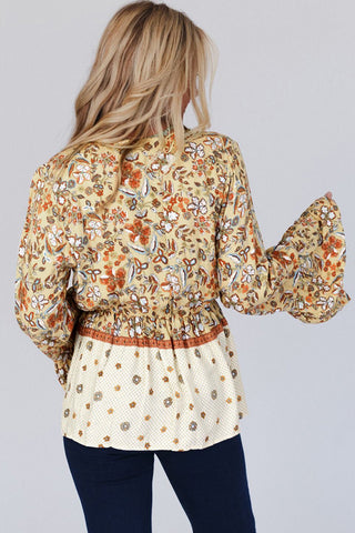 Yellow Floral V Neck Bell Sleeve Peplum Blouse