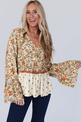 Yellow Floral V Neck Bell Sleeve Peplum Blouse