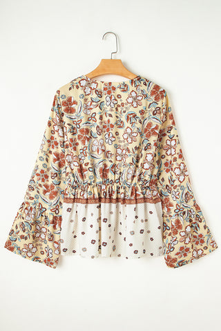 Yellow Floral V Neck Bell Sleeve Peplum Blouse