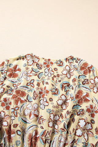 Yellow Floral V Neck Bell Sleeve Peplum Blouse