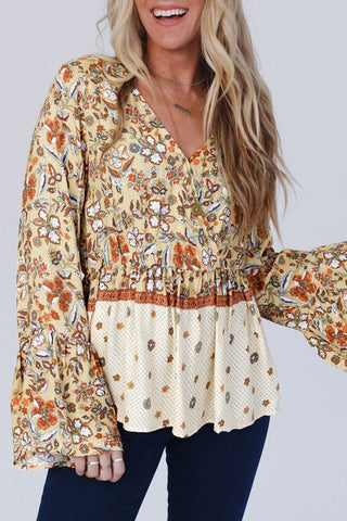 Yellow Floral V Neck Bell Sleeve Peplum Blouse