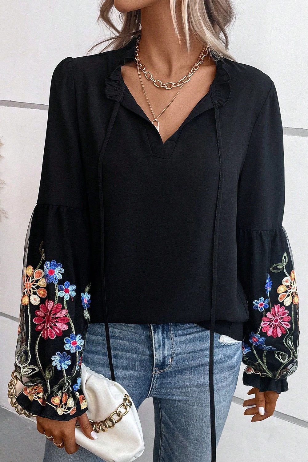 Black Boho Floral Lantern Sleeve Tie Neck Blouse