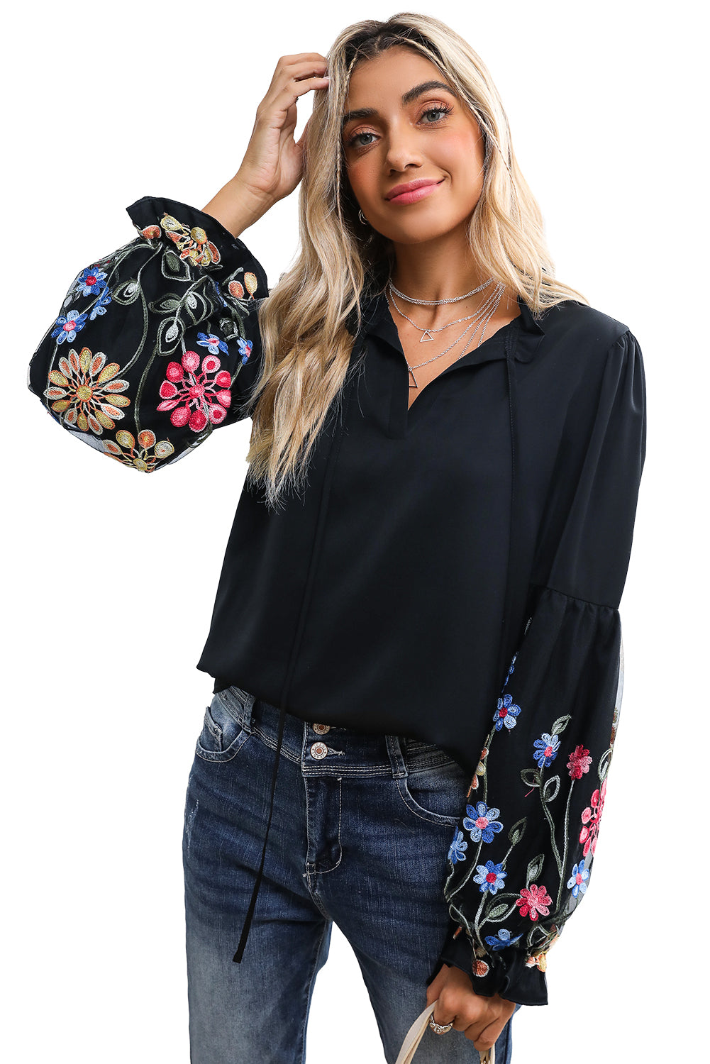 Black Boho Floral Lantern Sleeve Tie Neck Blouse