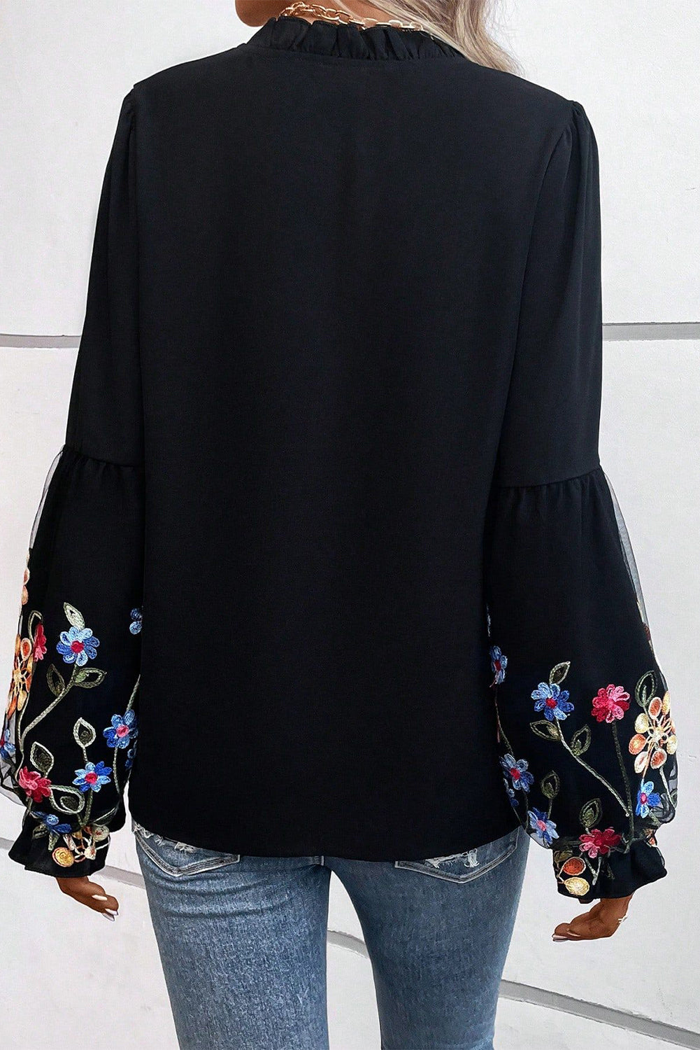 Black Boho Floral Lantern Sleeve Tie Neck Blouse