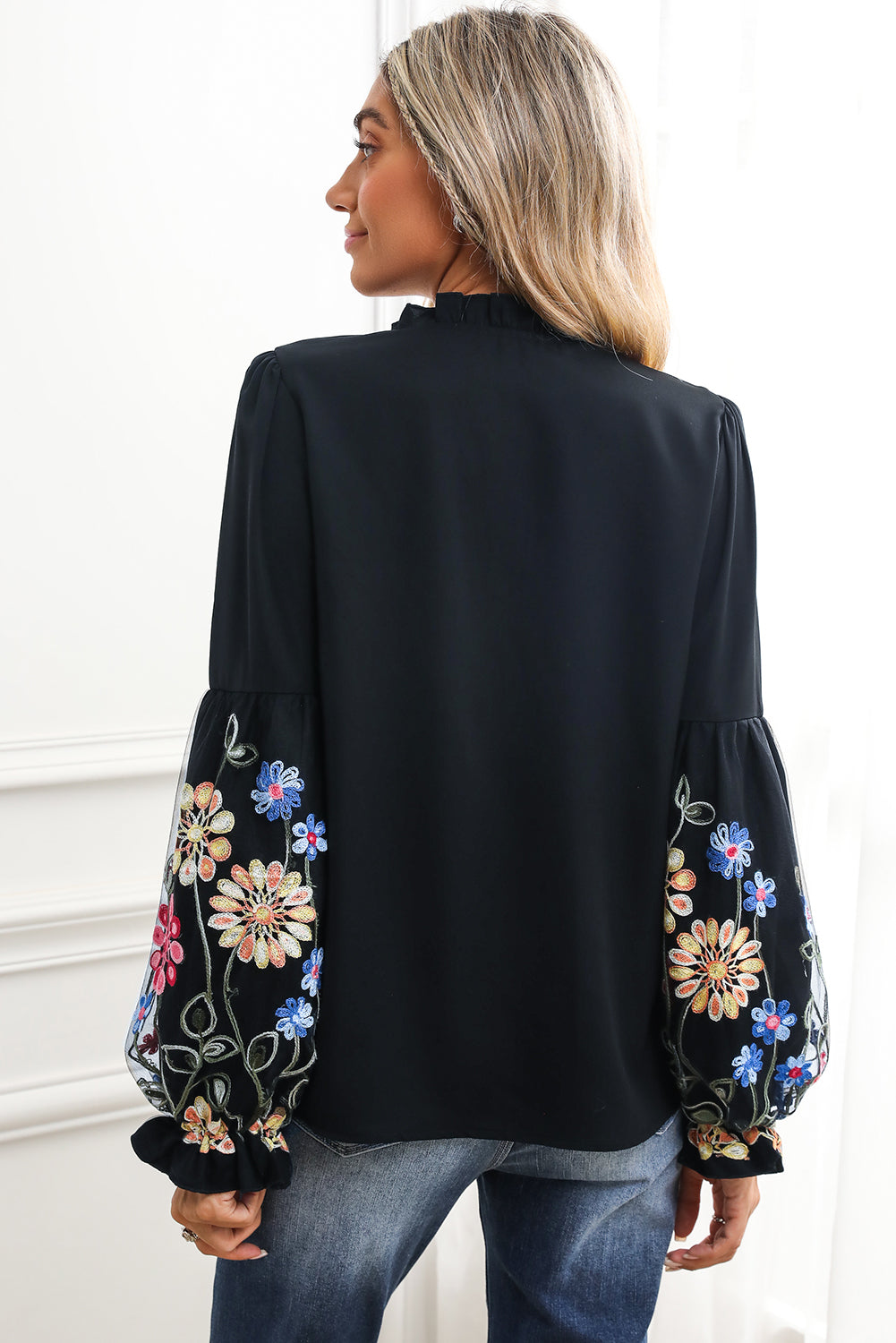 Black Boho Floral Lantern Sleeve Tie Neck Blouse