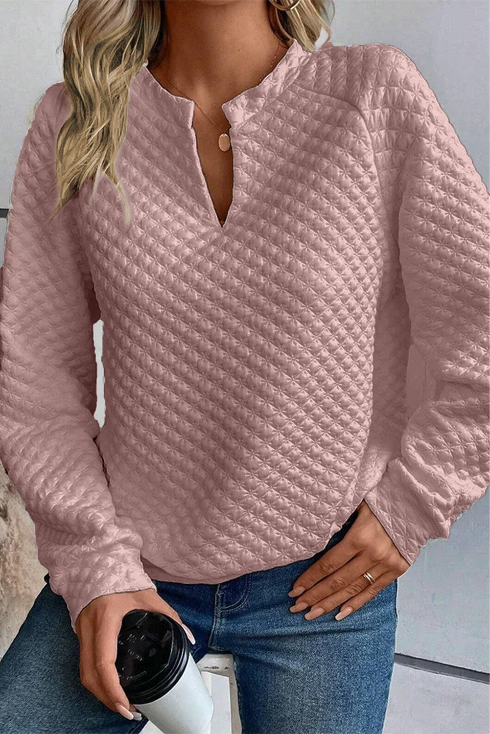 Light Pink Quilted V-Neck Solid Color Long Sleeve Top