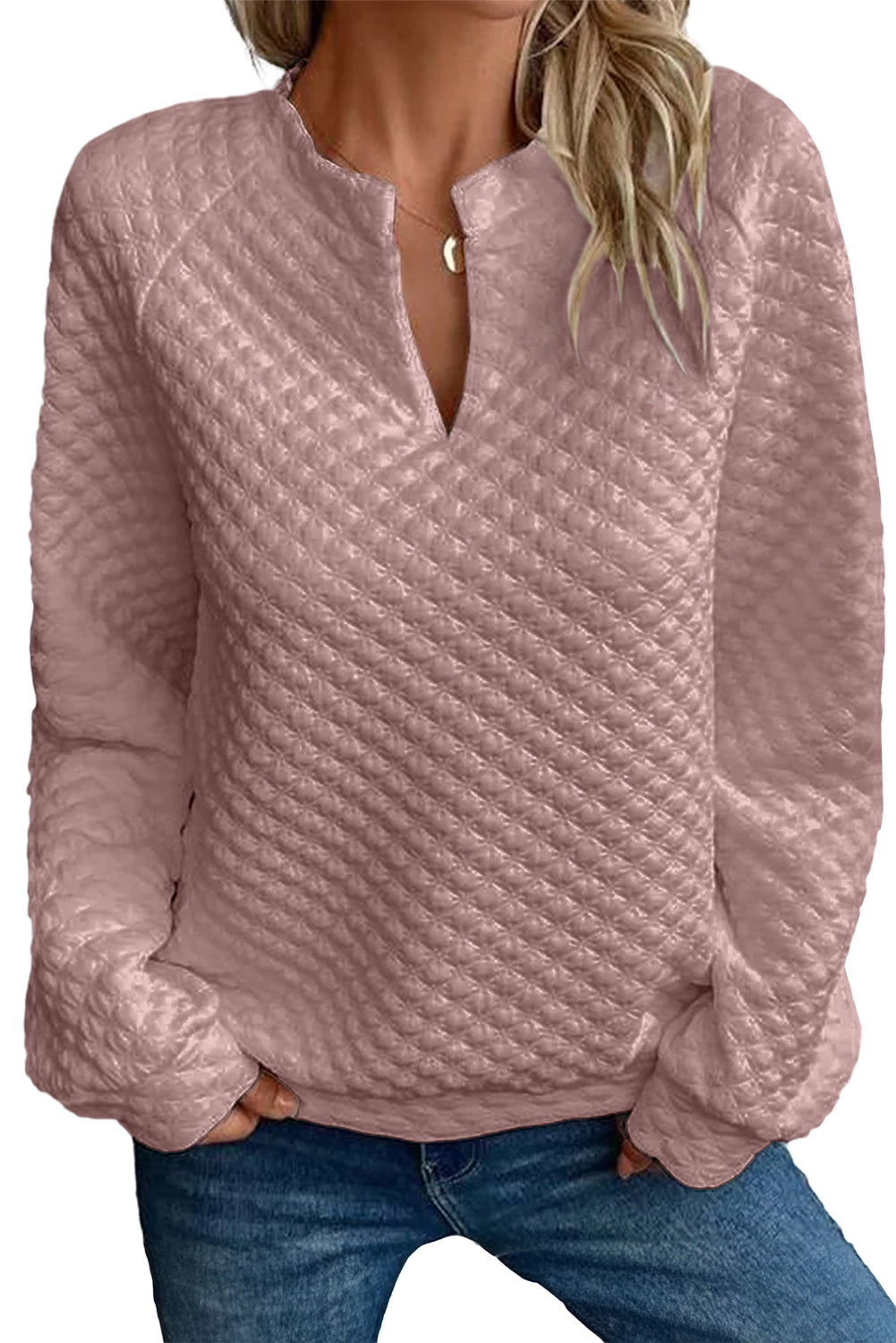 Light Pink Quilted V-Neck Solid Color Long Sleeve Top