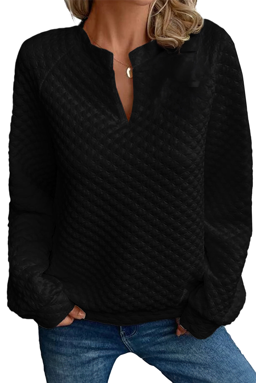 Black Quilted V-Neck Solid Color Long Sleeve Top