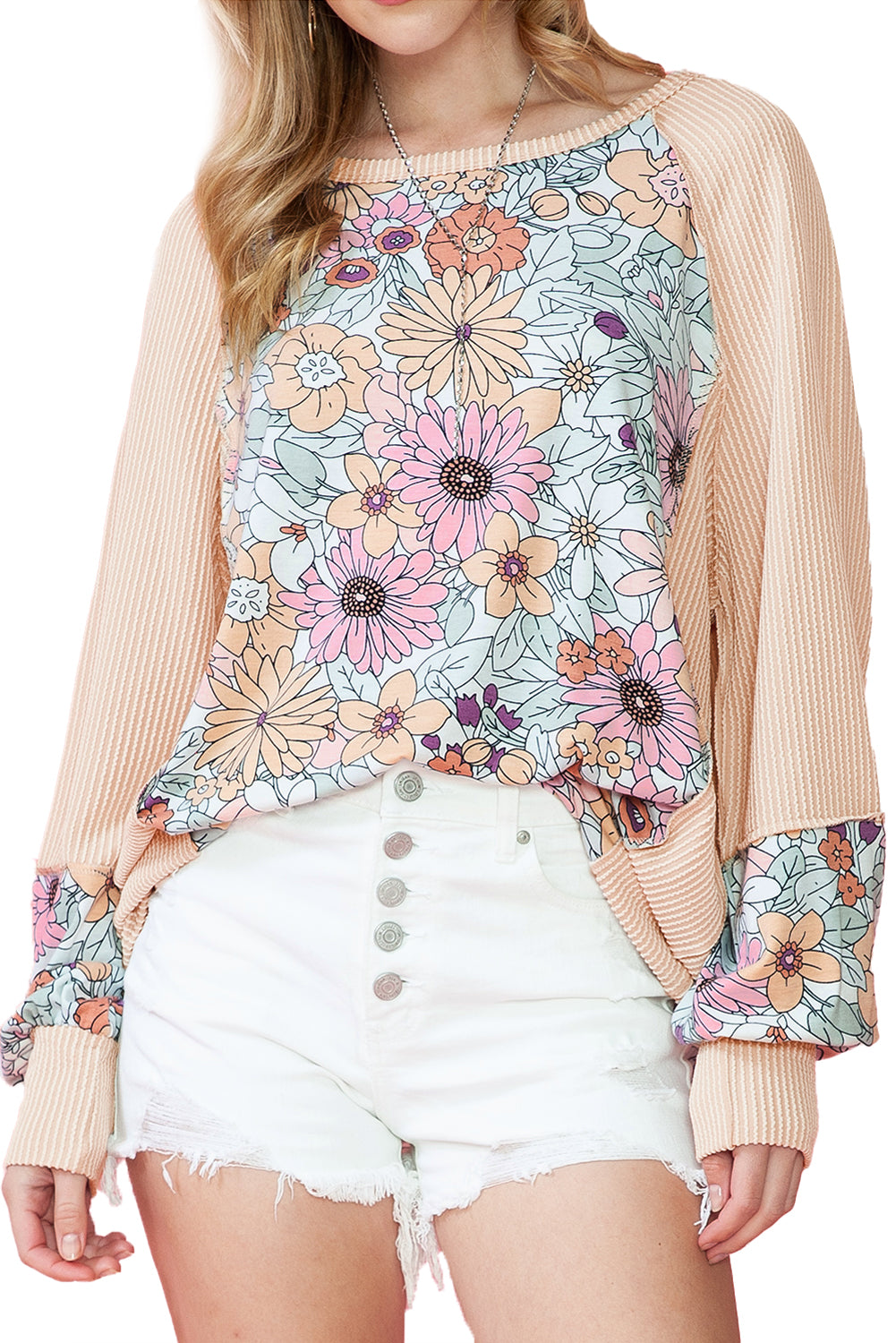 Oatmeal Floral Patchwork Ribbed Raglan Sleeve Top