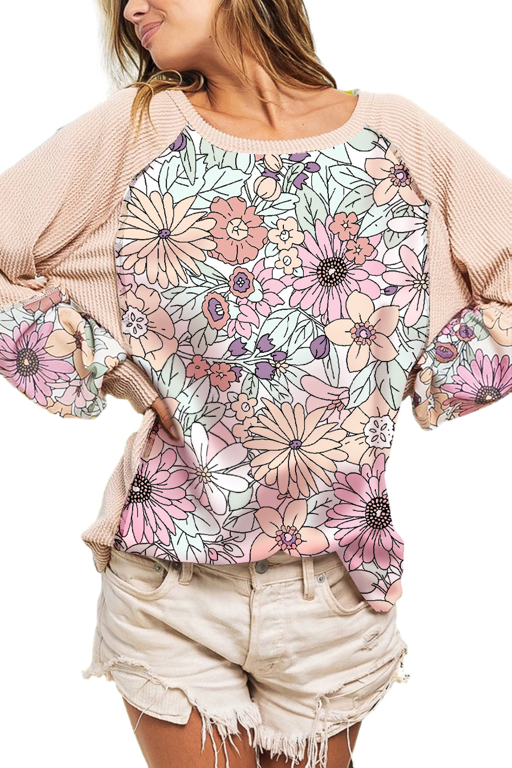 Oatmeal Floral Patchwork Ribbed Raglan Sleeve Top