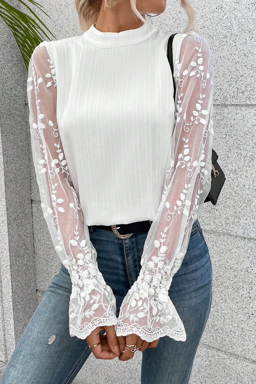 Textured Contrast Lace Sleeve Mock Neck Blouse