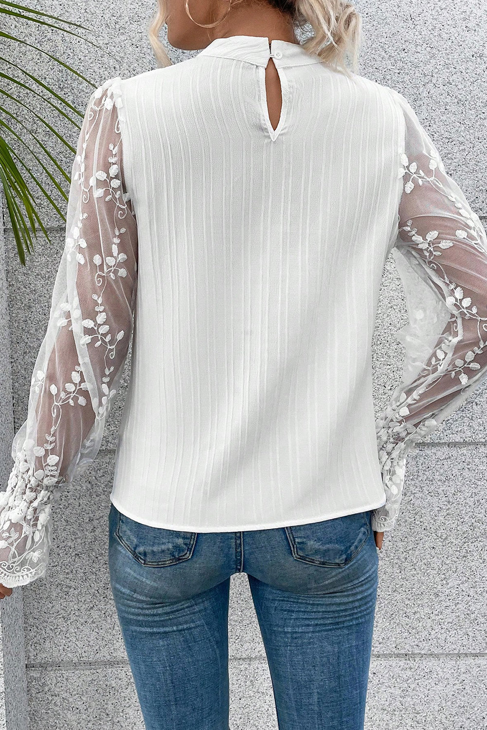 Textured Contrast Lace Sleeve Mock Neck Blouse