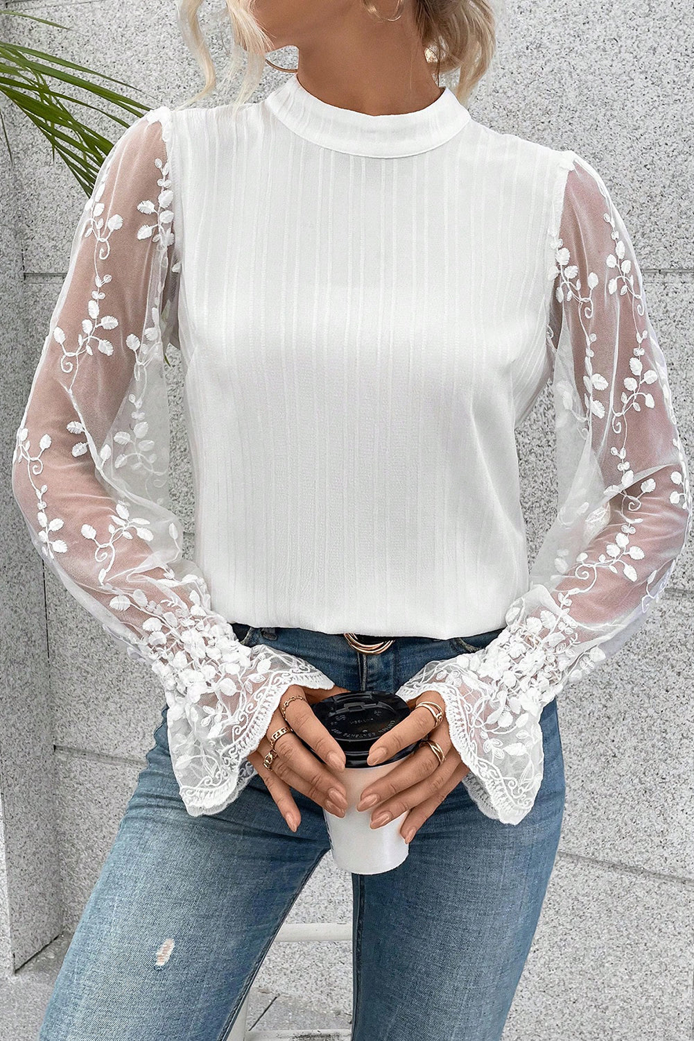 Textured Contrast Lace Sleeve Mock Neck Blouse