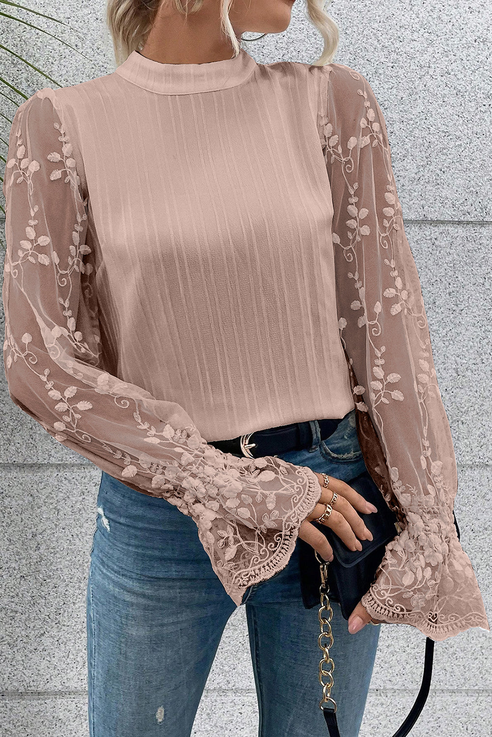 Textured Contrast Lace Sleeve Mock Neck Blouse