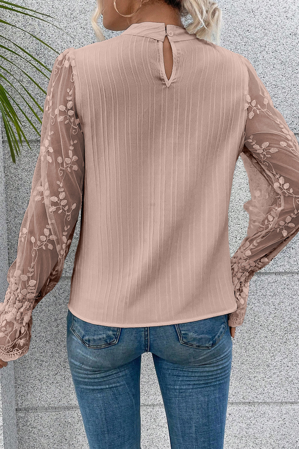 Textured Contrast Lace Sleeve Mock Neck Blouse