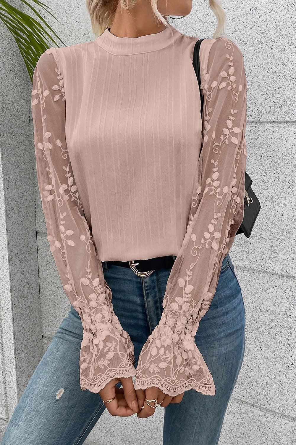 Textured Contrast Lace Sleeve Mock Neck Blouse