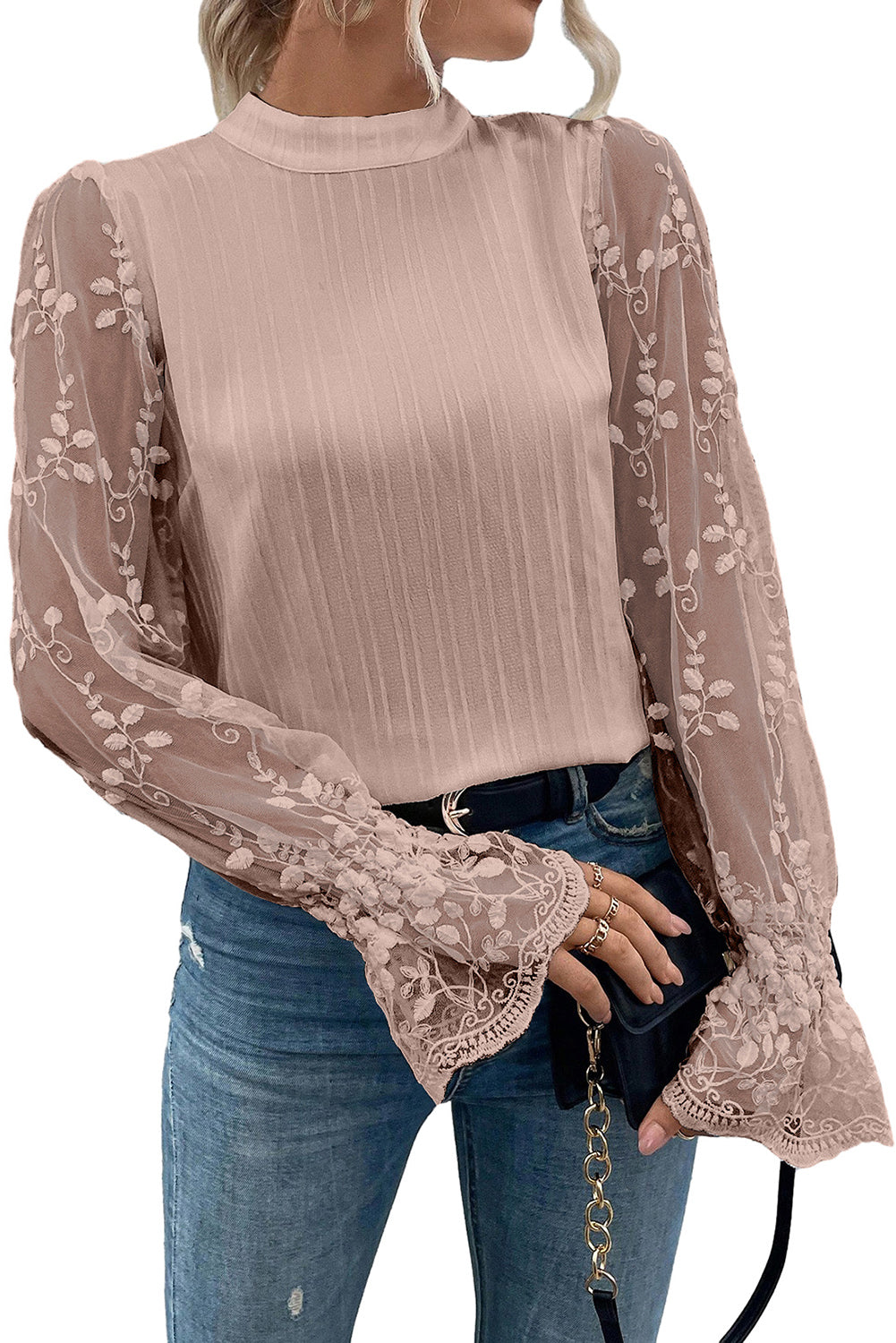 Textured Contrast Lace Sleeve Mock Neck Blouse