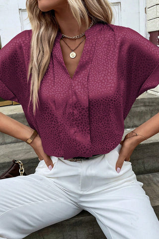 CLEARANCE Red Leopard Print Rolled Sleeve V Neck Blouse