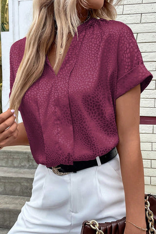 CLEARANCE Red Leopard Print Rolled Sleeve V Neck Blouse