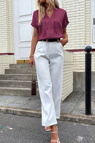 CLEARANCE Red Leopard Print Rolled Sleeve V Neck Blouse
