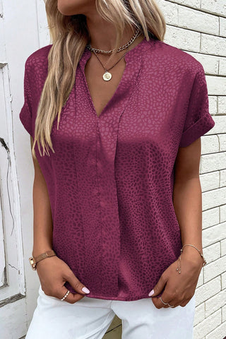 CLEARANCE Red Leopard Print Rolled Sleeve V Neck Blouse