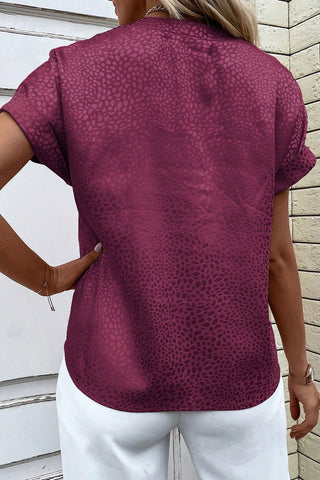 CLEARANCE Red Leopard Print Rolled Sleeve V Neck Blouse