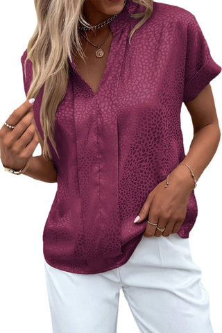 CLEARANCE Red Leopard Print Rolled Sleeve V Neck Blouse