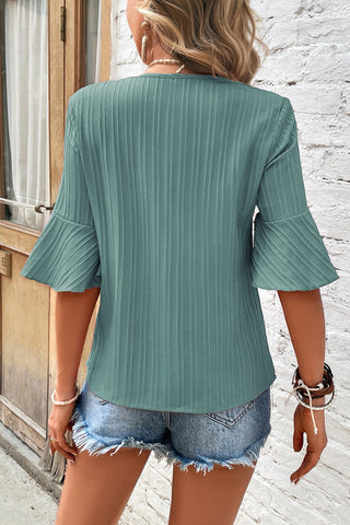 CLEARANCE Ruffled Half Sleeve V Neck Textured Top