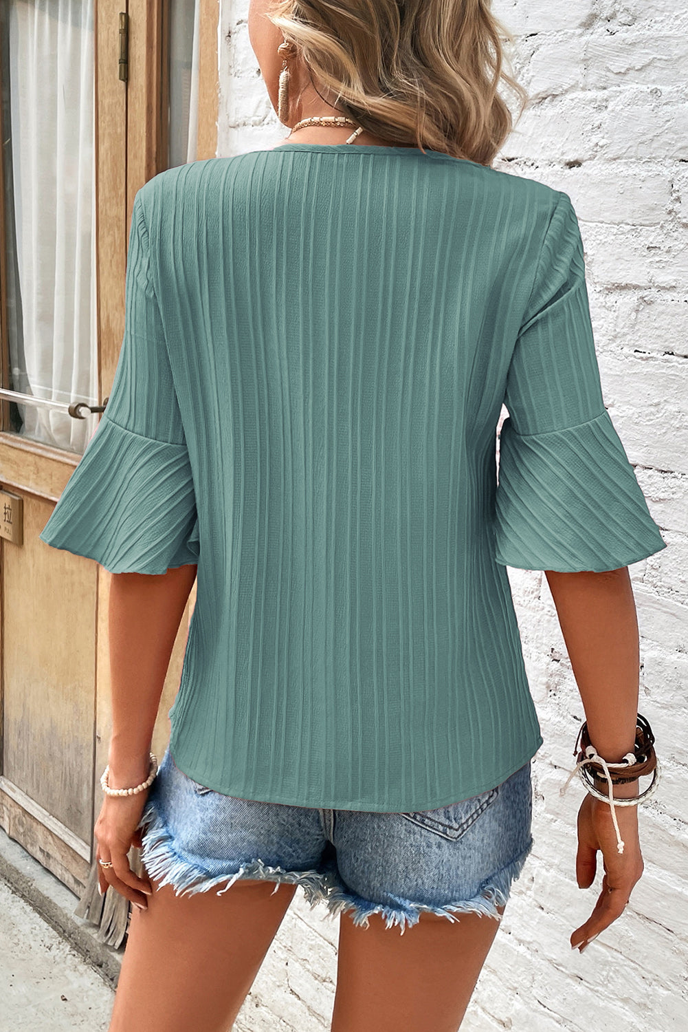 Ruffled Half Sleeve V Neck Textured Top