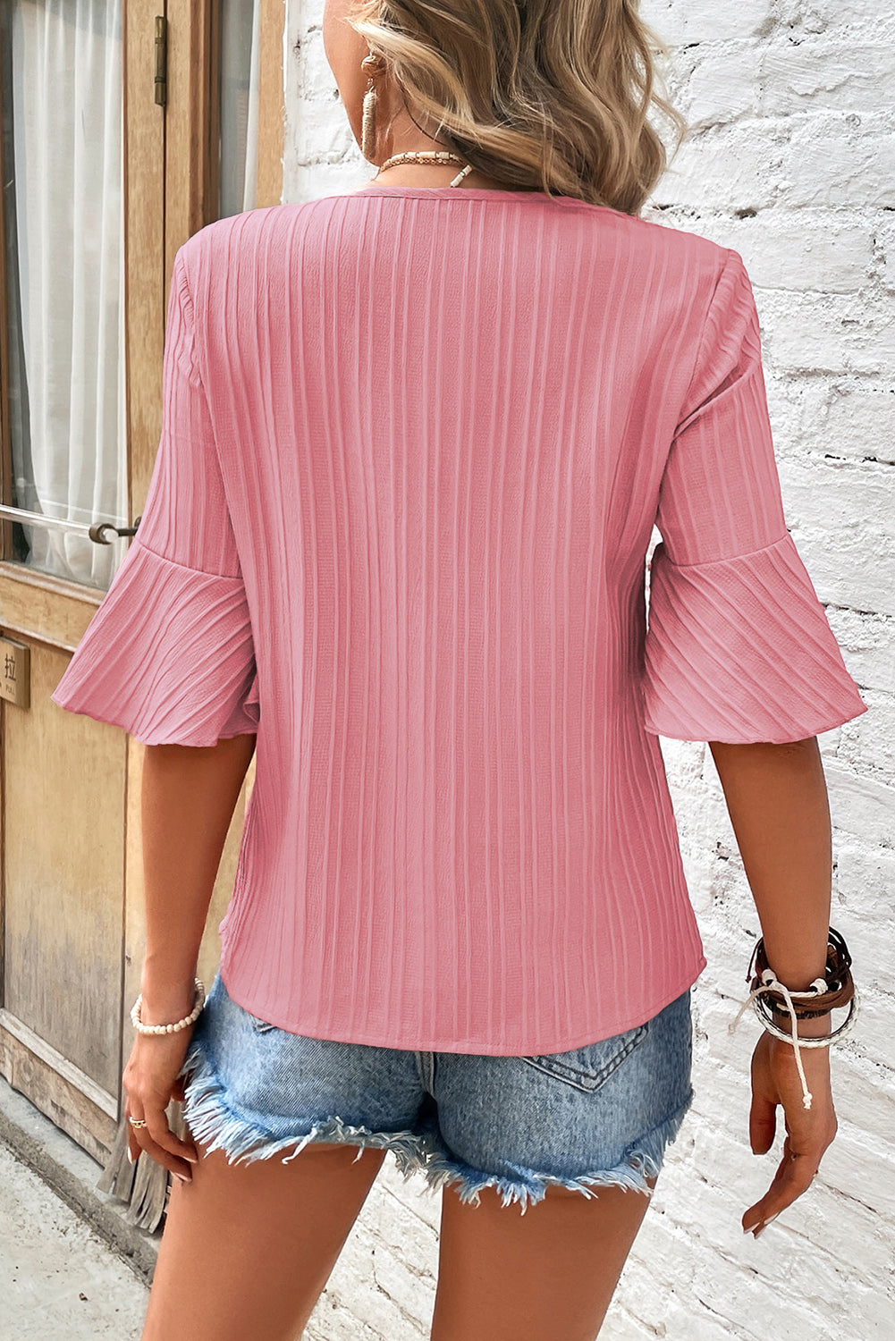 Ruffled Half Sleeve V Neck Textured Top