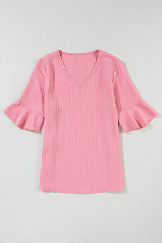 CLEARANCE Ruffled Half Sleeve V Neck Textured Top