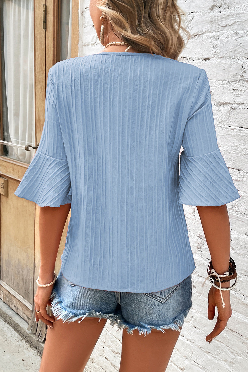 Ruffled Half Sleeve V Neck Textured Top