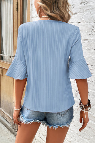 CLEARANCE Ruffled Half Sleeve V Neck Textured Top