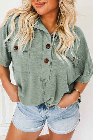 CLEARANCE Jade Chest Pockets Half Buttoned Collared Blouse