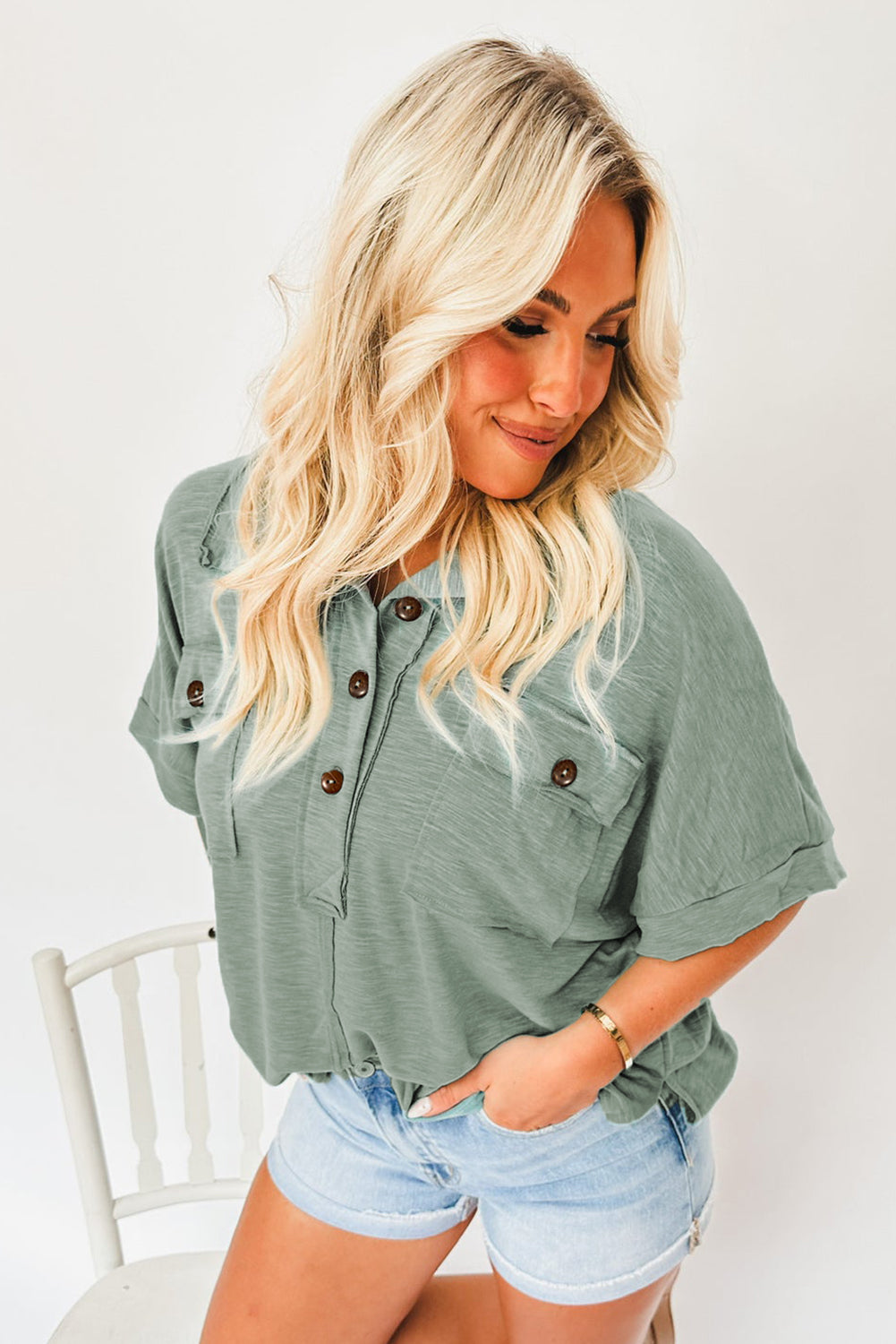 Moonlight Jade Chest Pockets Half Buttoned Collared Blouse