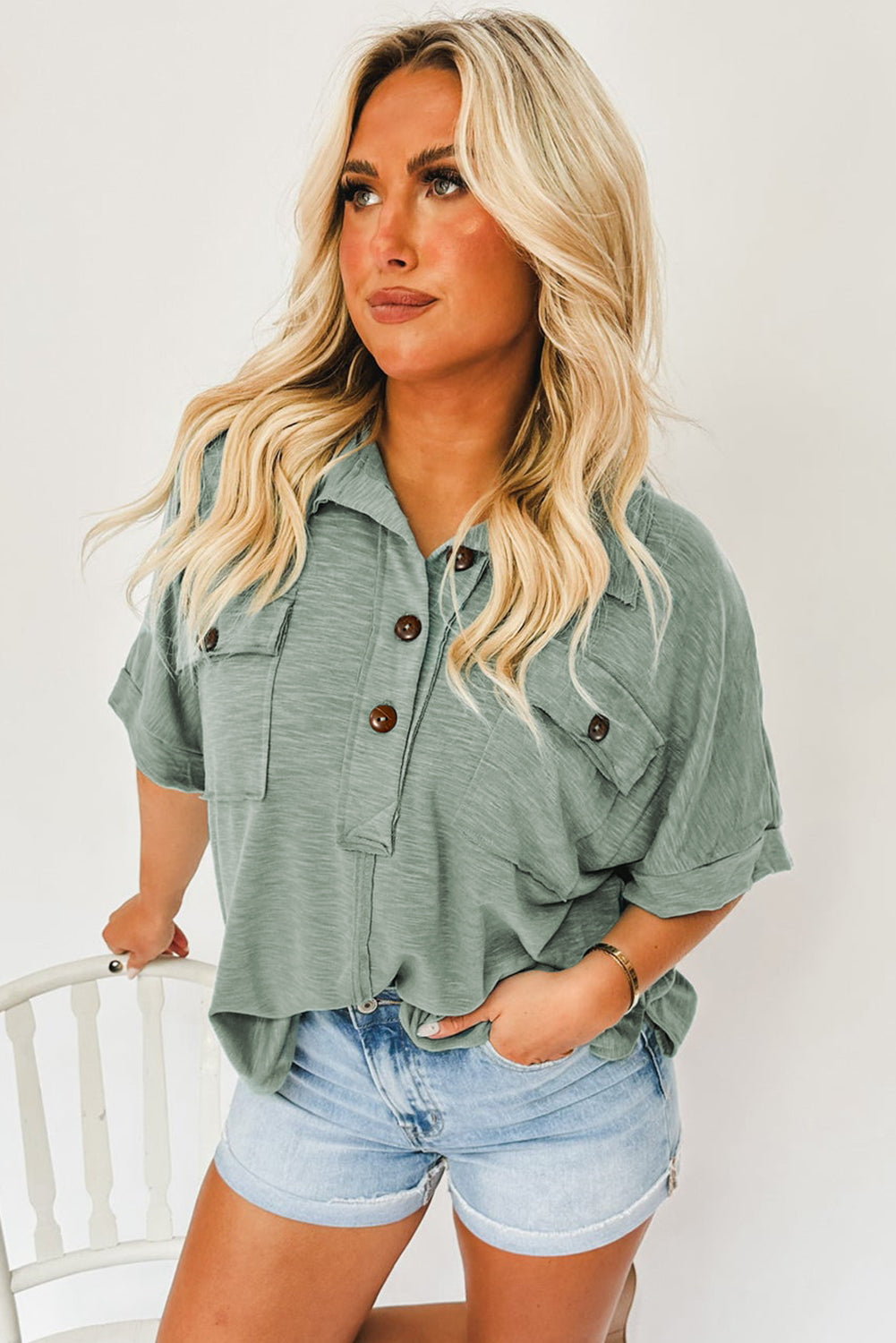 Moonlight Jade Chest Pockets Half Buttoned Collared Blouse