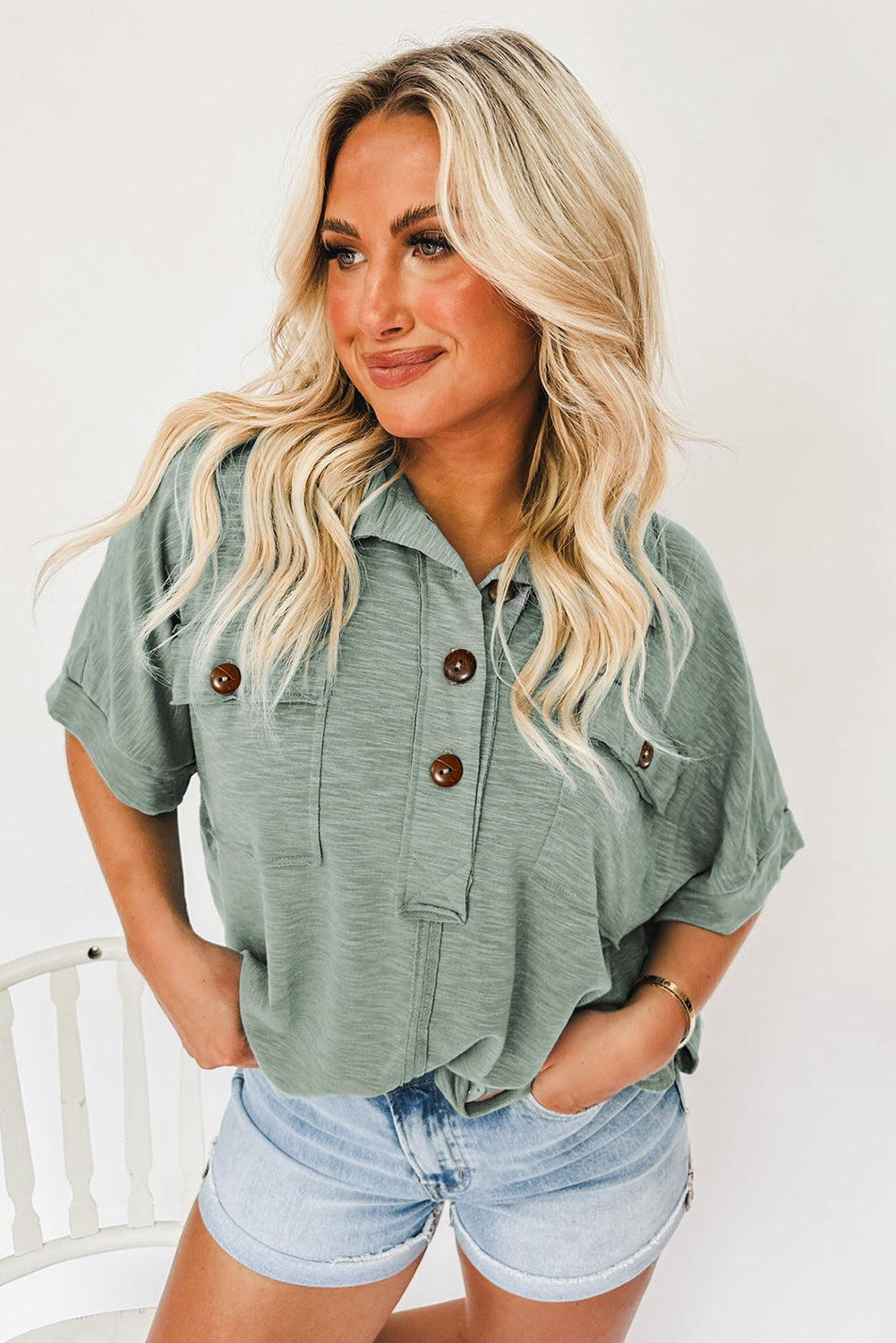 Moonlight Jade Chest Pockets Half Buttoned Collared Blouse