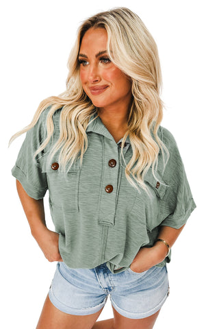 CLEARANCE Jade Chest Pockets Half Buttoned Collared Blouse