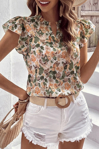 CLEARANCE Green Floral Print Frilled V Neck Butterfly Sleeve Blouse