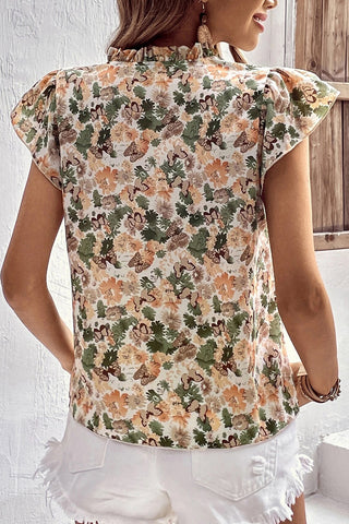 CLEARANCE Green Floral Print Frilled V Neck Butterfly Sleeve Blouse