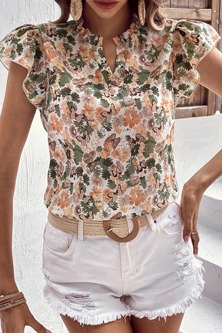 CLEARANCE Green Floral Print Frilled V Neck Butterfly Sleeve Blouse