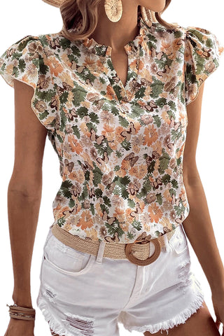 CLEARANCE Green Floral Print Frilled V Neck Butterfly Sleeve Blouse
