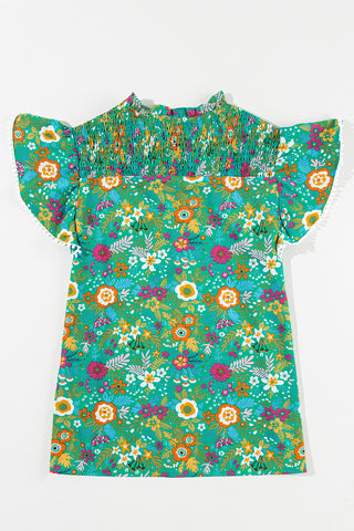 Green Lace Trim Flutter Sleeve Tropical Floral Blouse