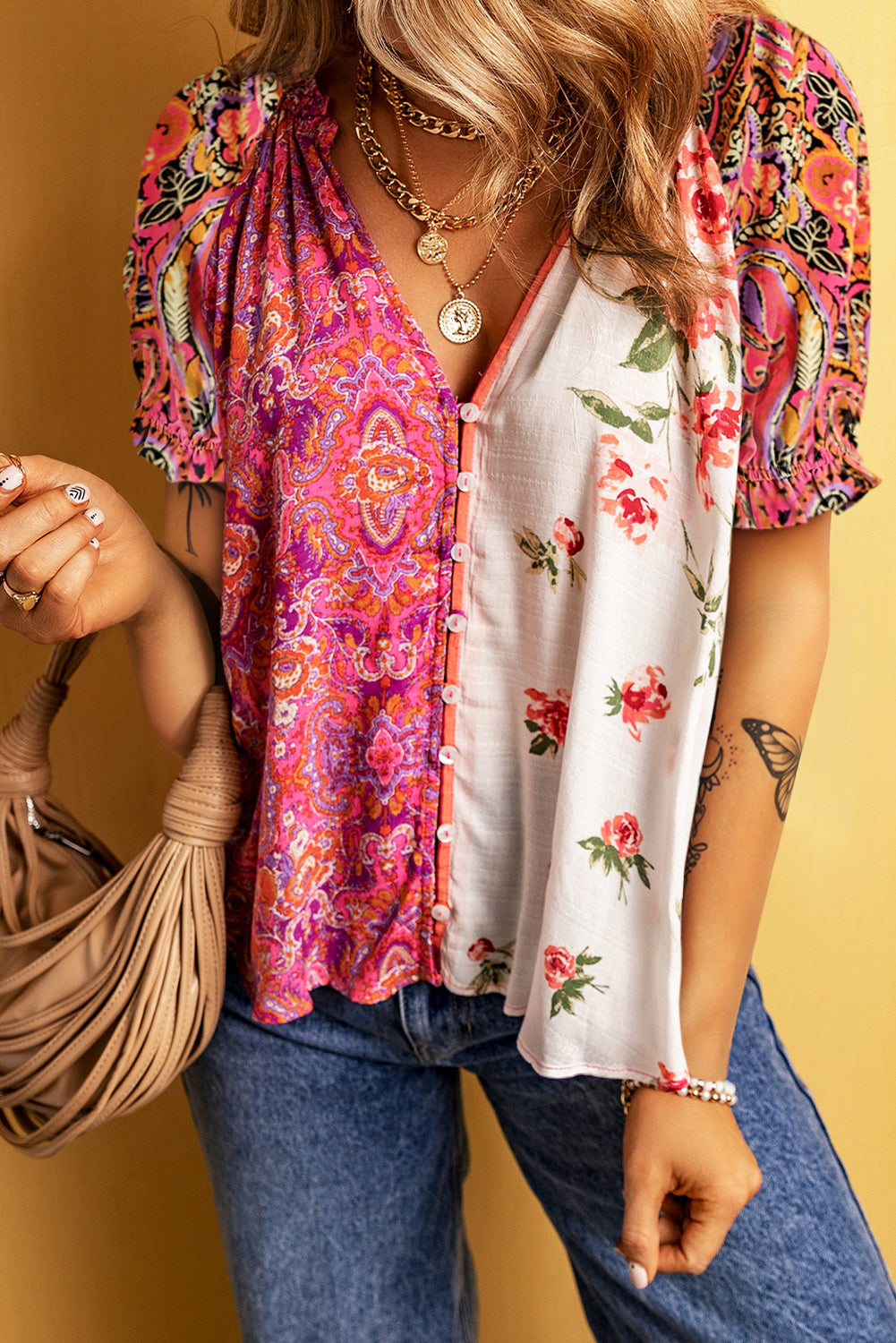 Multicolor Boho Floral Patchwork Frill Neck Short Sleeve Blouse