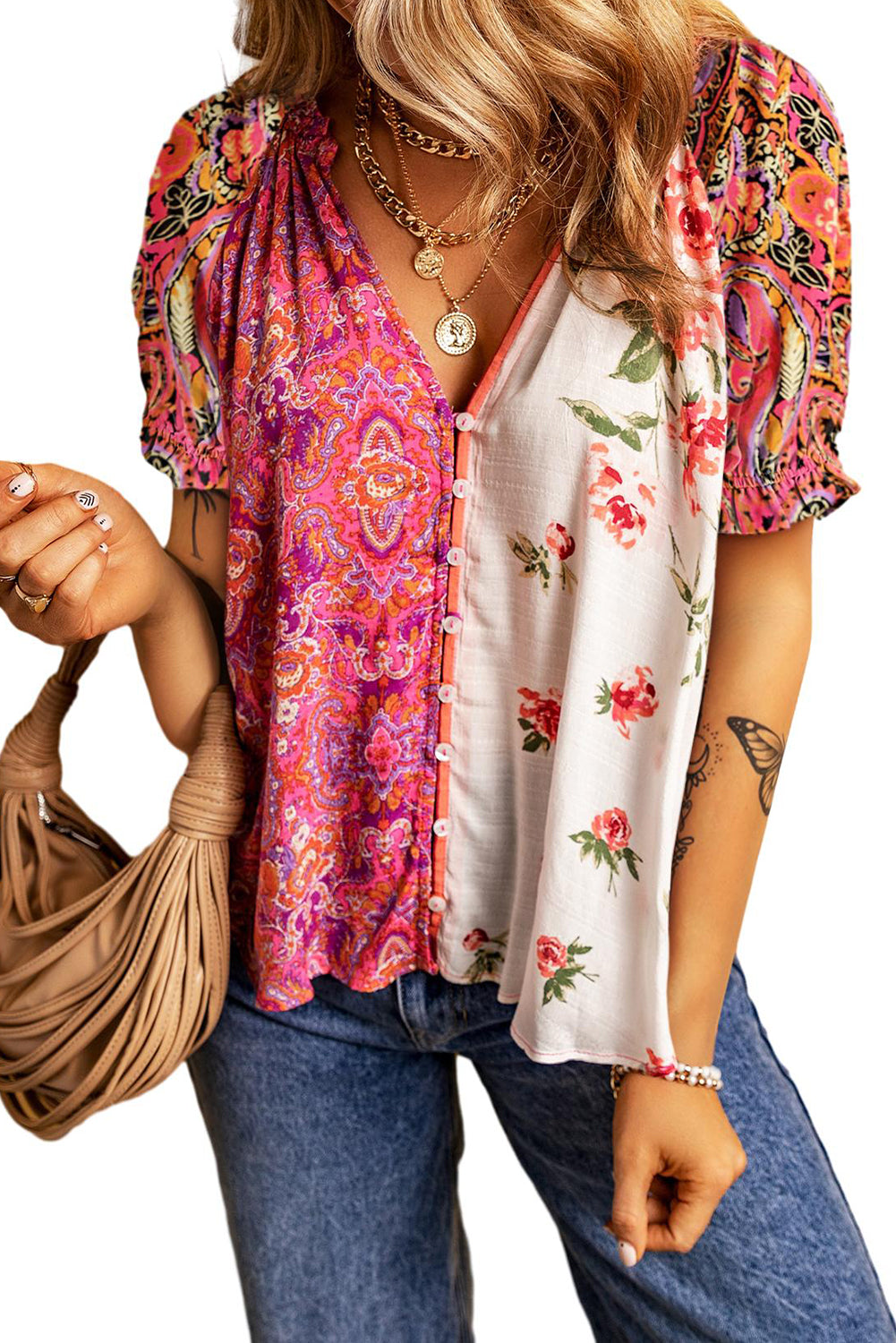 Multicolor Boho Floral Patchwork Frill Neck Short Sleeve Blouse