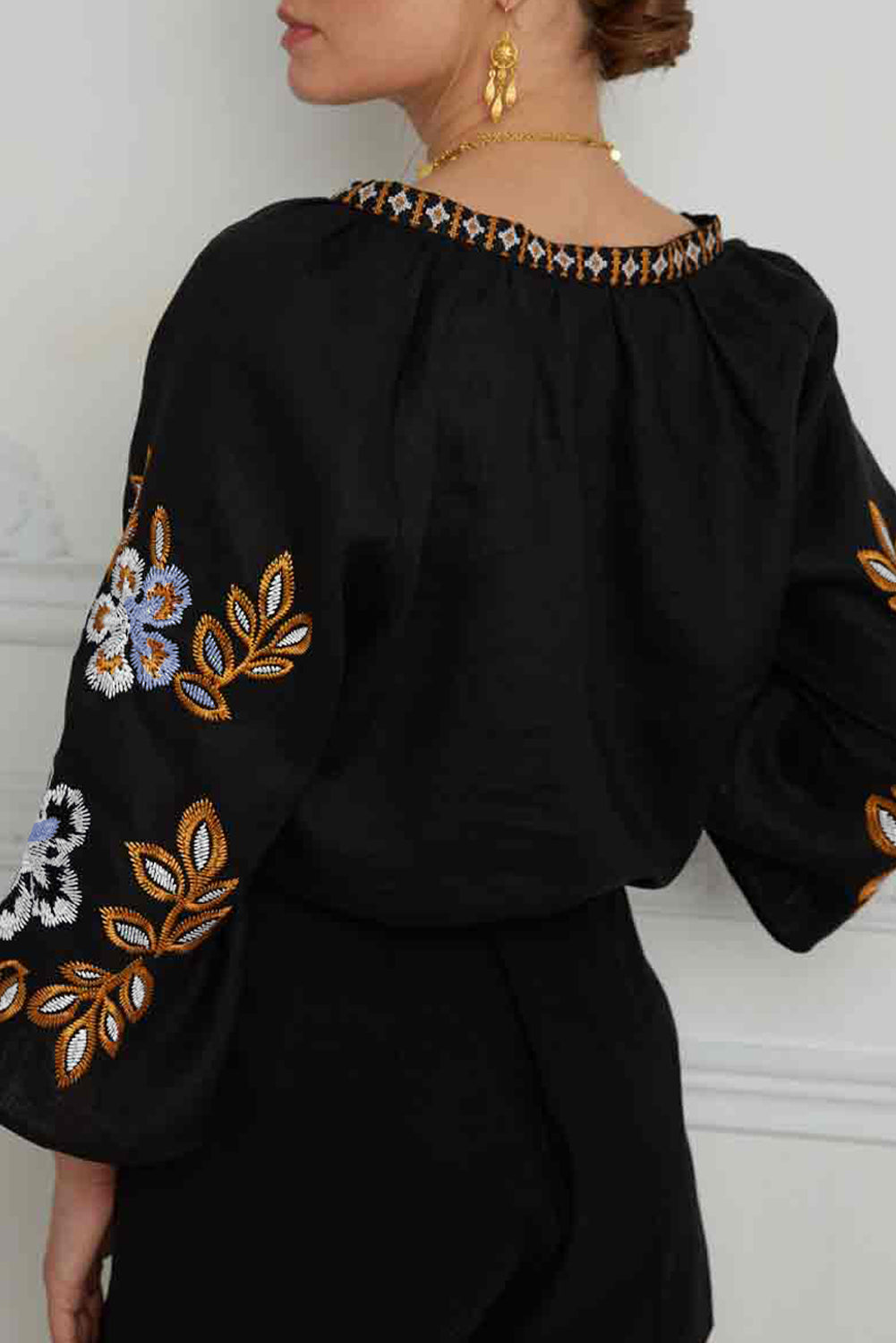 Black Floral Embroidered Sleeve Bohemian V Neck Blouse