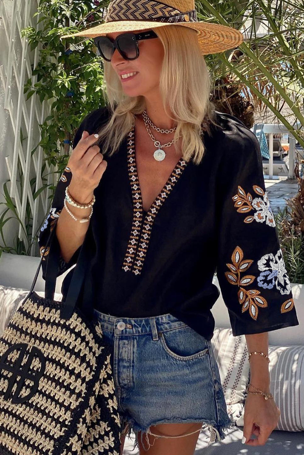 Black Floral Embroidered Sleeve Bohemian V Neck Blouse